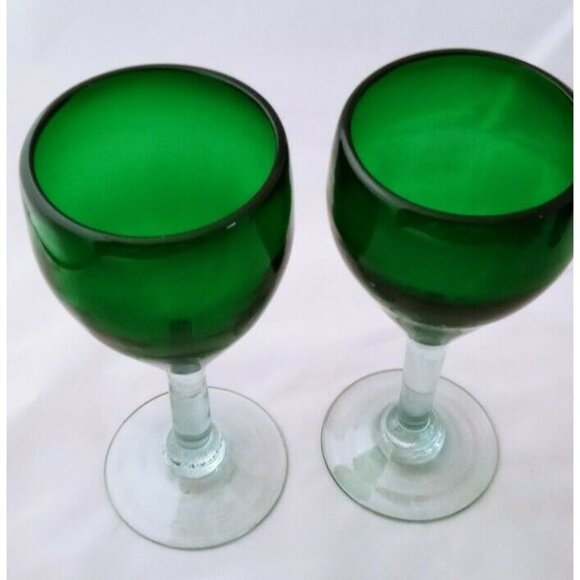 Mexican Hand Blown Recycled Glass Wine Water Goblets Green - Picture 2 of 3